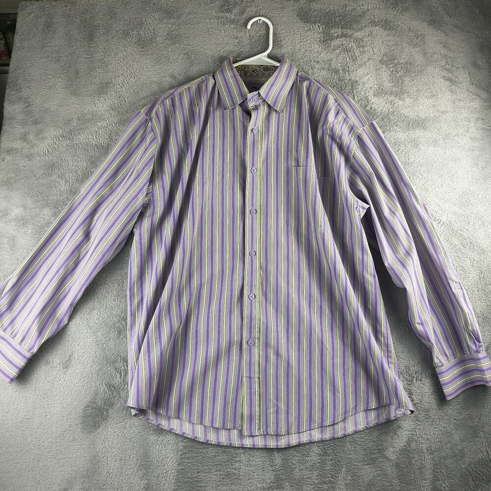 B by Brooklyn Xpress Mens Button Up Shirt L Purple Green Striped Designer Cuffs
